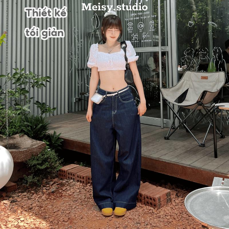 Quần jeans ống rộng bò nữ cạp lưng cao màu xanh đen be chất không co giãn gấu bản to bigsize phong cách Hàn Quốc Meisy