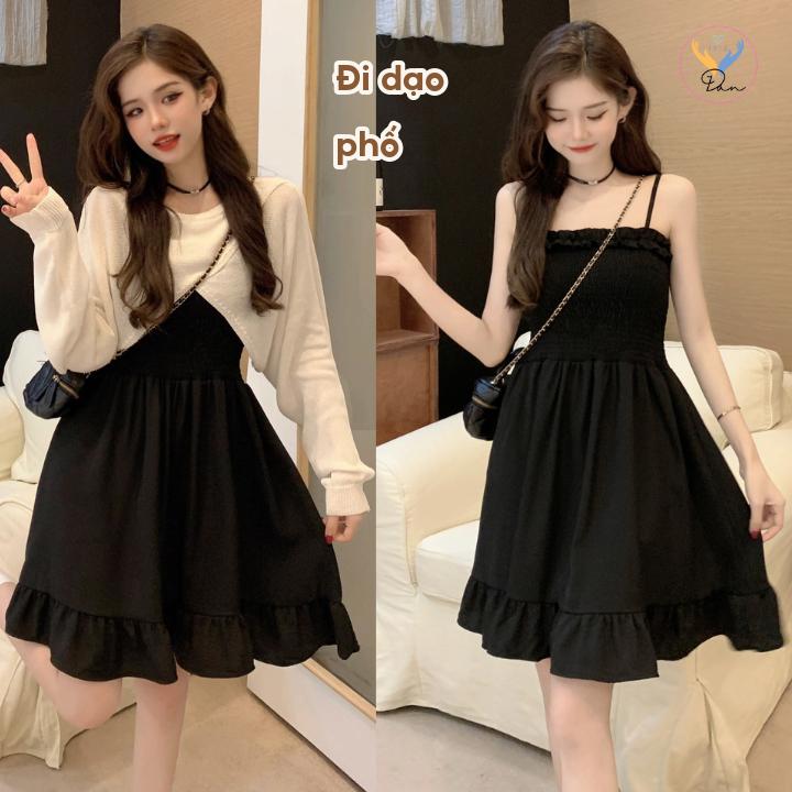 Set đồ nữ - Váy 2 dây mix áo cardigan diệt kim phong cách Pháp cho các nàng diện đi dạo phố, đi biển dandan_1314