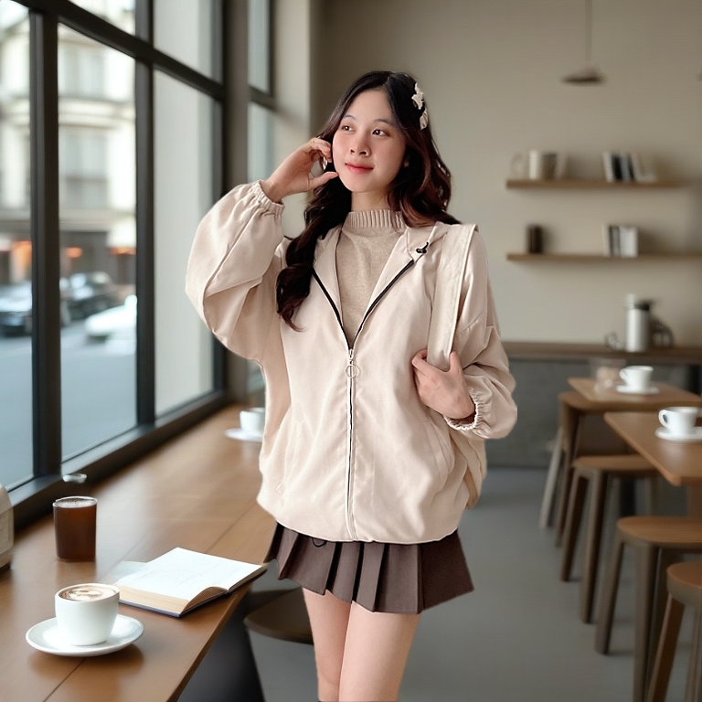 Áo khoác nữ nhung lì 2 lớp form rộng có mũ tay bồng nhiều màu basic, Áo khoác nữ nhung tăm, gân dáng Oversize from rộng