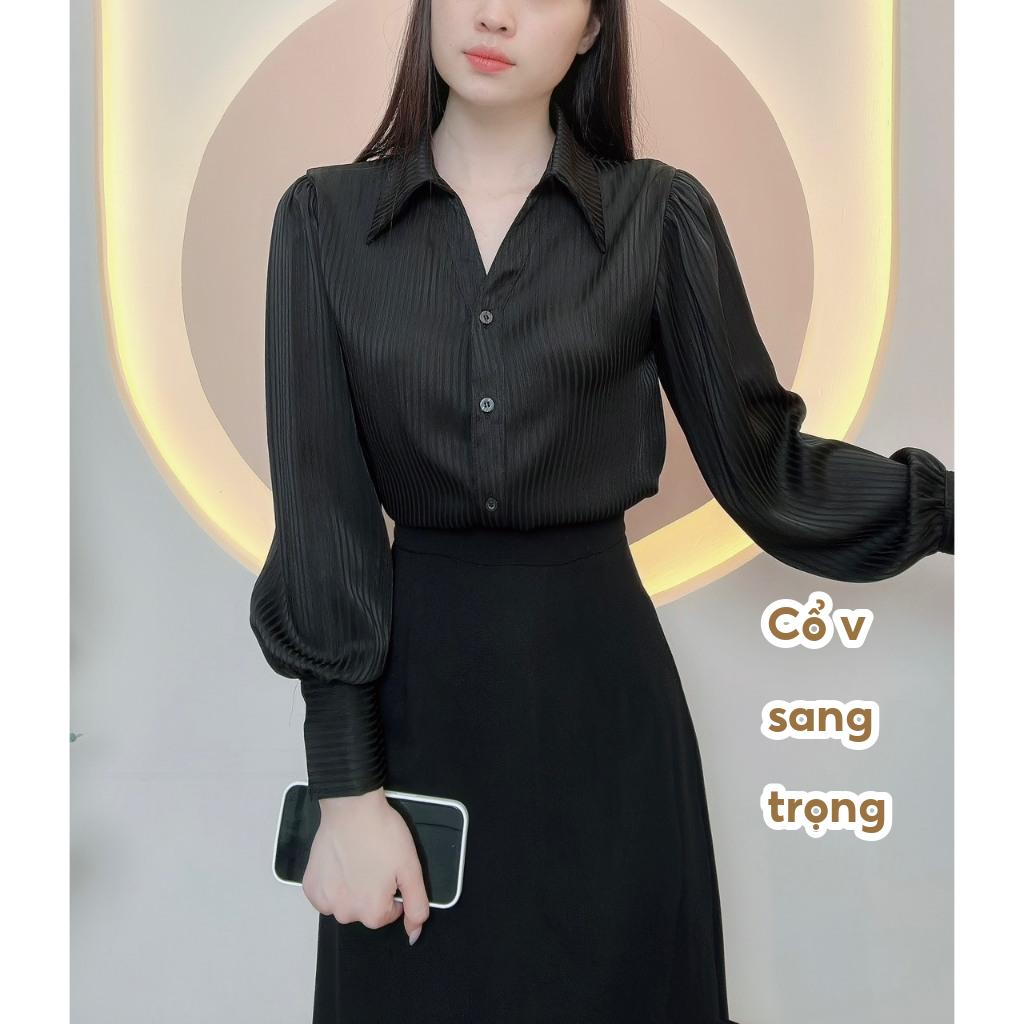 Áo sơ mi nữ thiết kế tơ tằm sọc cao cấp cổ V sang trong chất liệu mềm mát LAMO-B1243
