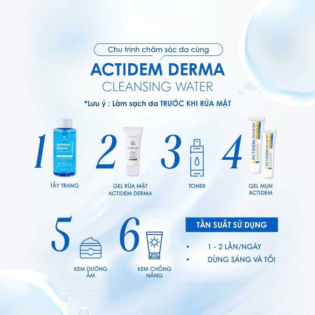 Tẩy trang không cay mắt Actidem Derma Cleansing Water cho da mụn, nhạy cảm 50/480/500ml