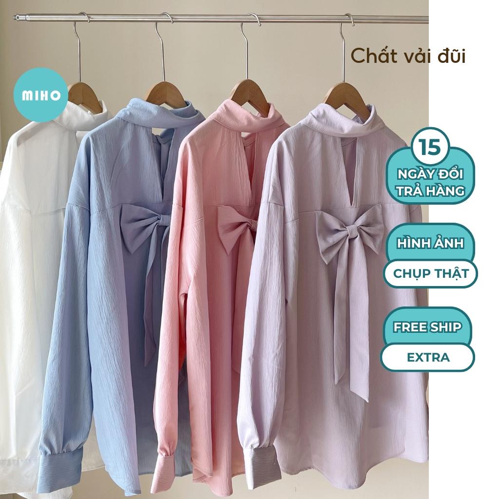 XẢ HÀNG Áo Sơ Mi Nữ Kiểu Buộc Nơ Sau Lưng, Áo Sơmi Chất Vải Đũi Thoáng Mát, Áo Somi Trơn Kiểu Dáng Điệu Đà Miho House