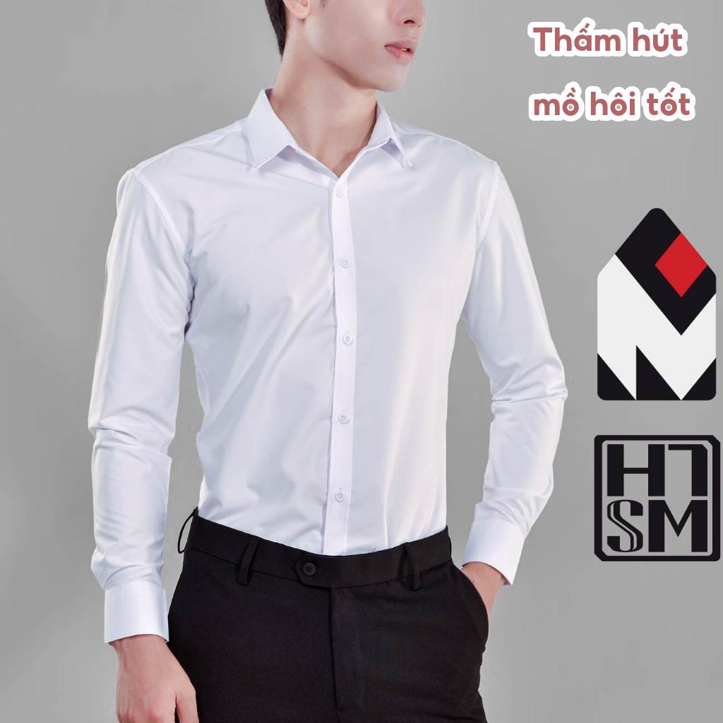 Áo sơ mi nam trắng dài tay HTSM MAGNOR vải trơn, vải Polyspun chống nhăn, cổ bẻ, dáng slimfit công sở không túi ngực