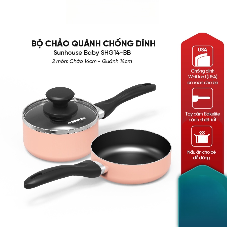 Bộ chảo quánh chống dính KHÔNG TỪ Sunhouse Baby SHG14BB - 2 món kích thước 14cm, 2 Lớp chống dính an toàn