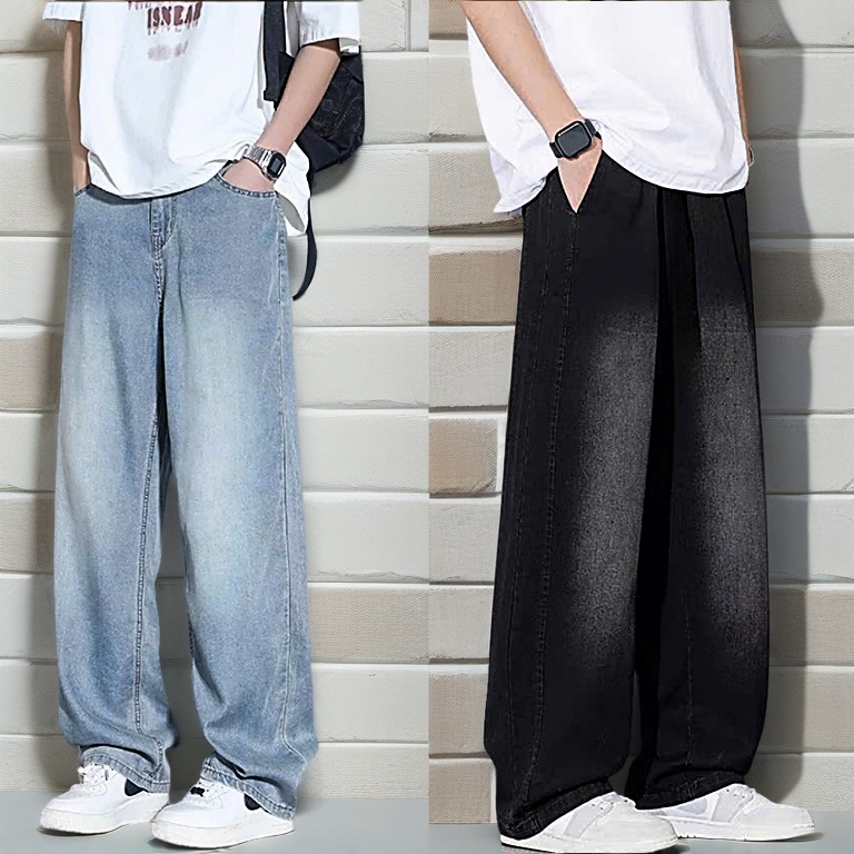 Quần Jean Nam ống suông, ống rộng Wash xanh retro, SMOKE, vintage, Quần bò nam, Jeans baggy Cao Cấp