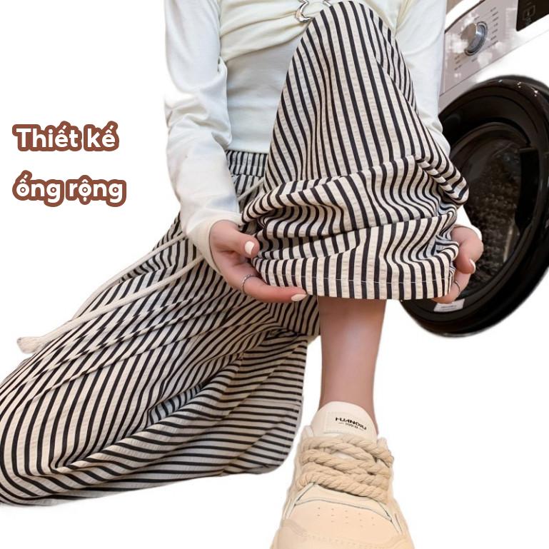 Quần kẻ ống rộng dáng suông nữ cạp chun lưng cao hoạ tiết kẻ sọc lạ mắt chất đũi thô nhăn, Quần ống rộng