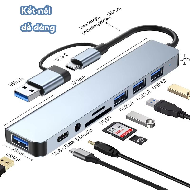Hub type C USB 3.0 mở rộng 8 port cáp cổng chuyển đổi 2 đầu in 1 có 3.5 thẻ SD/TF máy tính laptop máy in