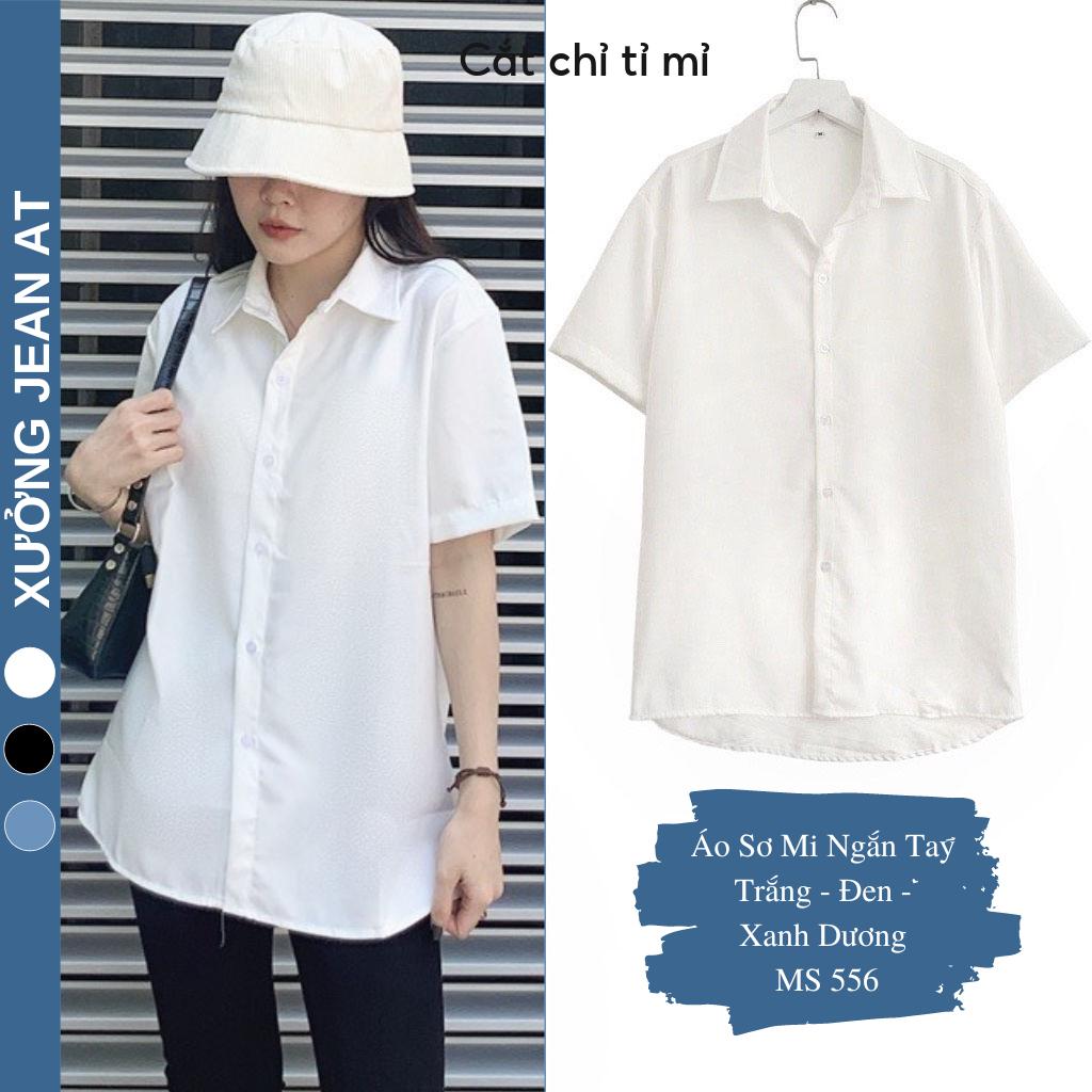 Áo Sơ Mi Nữ Form Rộng Ngắn Tay Trắng Và Đen Chất Cotton Lụa Hàn Unisex Đi Học, Đi Làm, Văn Phòng, Công sở Cực Xinh 556