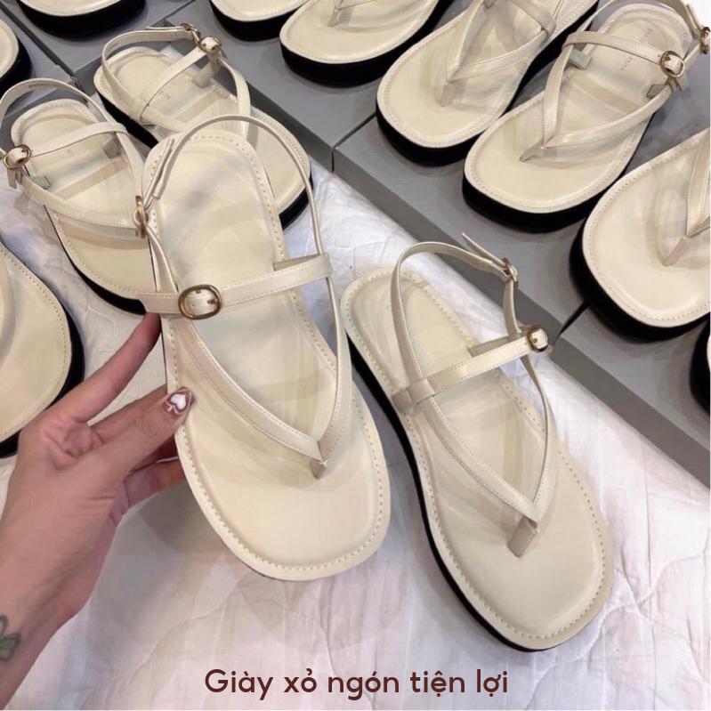 Giày Sandals xỏ ngón C đế bánh mì đế bằng 3.5cm chất liệu da Pu phối khoá xăng đan kẹp xỏ ngón mới 𝟮𝟬𝟮𝟯