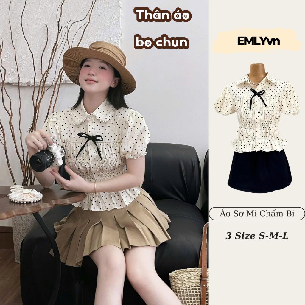 EMLY - Áo Sơ Mi Chấm Bi Nữ Cộc Tay Phối Ren Cổ Sen KÈM NƠ, Áo Sơ Mi Nữ Kiểu Bo Chun Dáng Babydoll