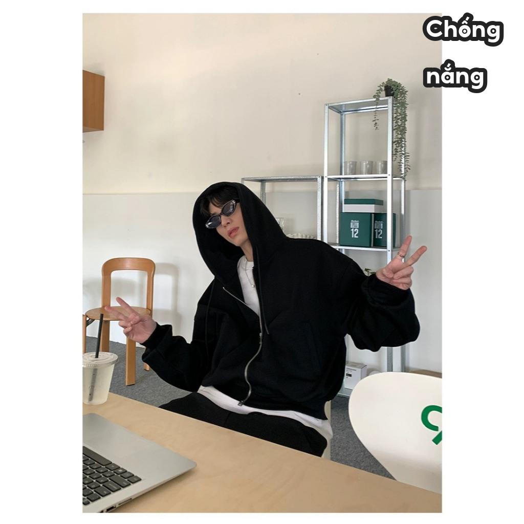 Hoodie Zip Form Boxy GODMOTHER Nỉ 2 Da Khóa 2 Đầu Chống Nắng Unisex Phong Cách Hàn Quốc Đen - Xám