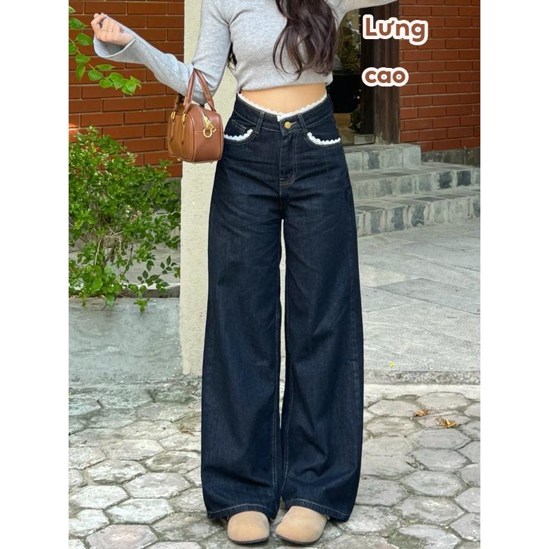 Quần Jeans Nữ Ống Rộng Lưng Cao Phối REN màu Xanh Than Hách Dáng Quần Bò Nữ Ống Rộng Basic Jeans Mềm Thoải mái