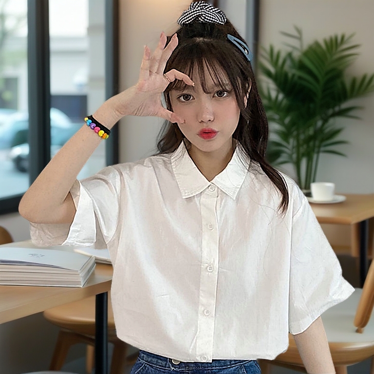 Áo sơ mi nữ đi học tay ngắn form rộng trẻ trung năng động vải lụa mềm mịn mát ít nhăn-MUN01