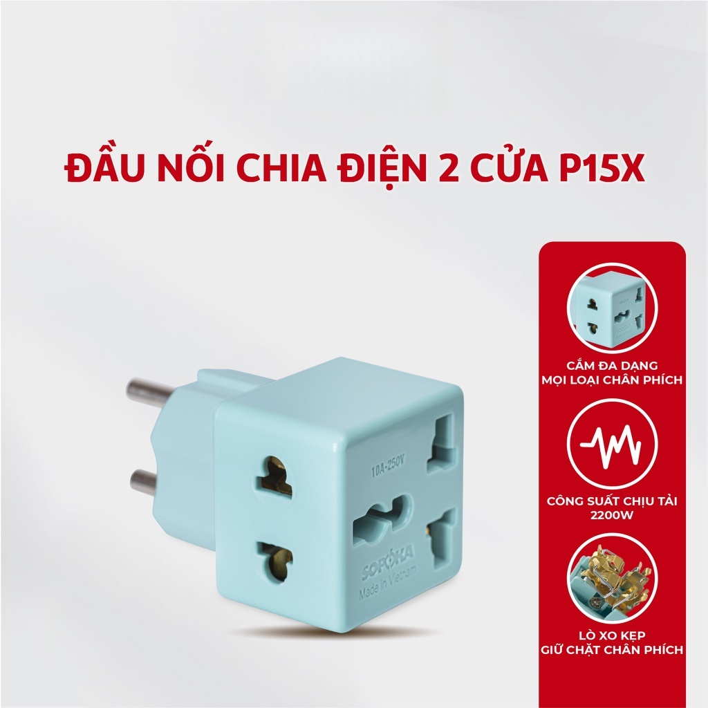 Ổ chia điện đầu nối thông minh P15/P15X/P16/P16X SOPOKA 1 chia 2 cửa có ổ cắm 3 chấu tiện lợi