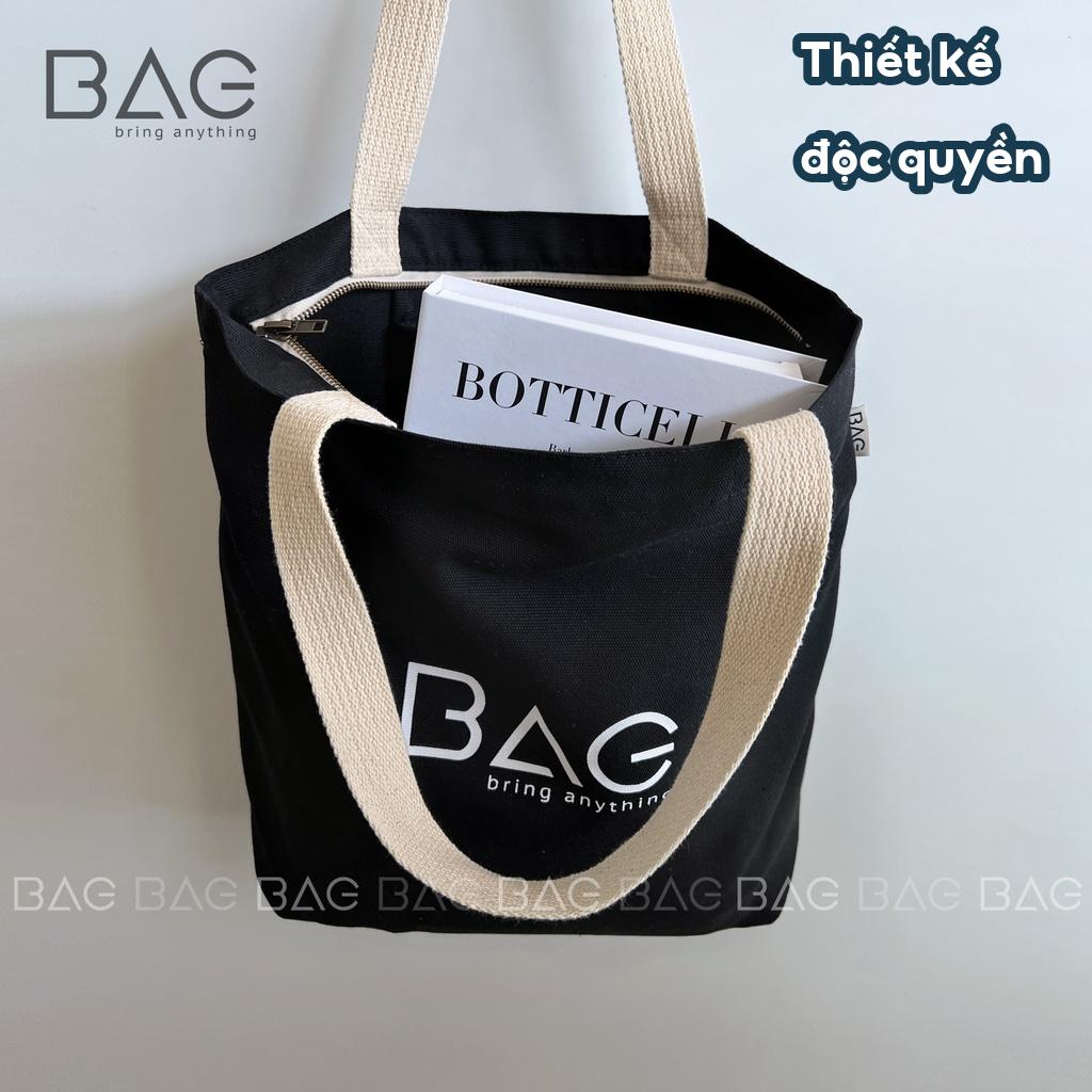 Túi tote vải đeo vai, màu tối, hàng thiết kế của BAG phong cách vintage, túi local brand [BLACK]