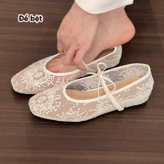 (Lùi 1 sz) Giày nữ búp bê đế bệt vải ren thắt nơ Mã 076