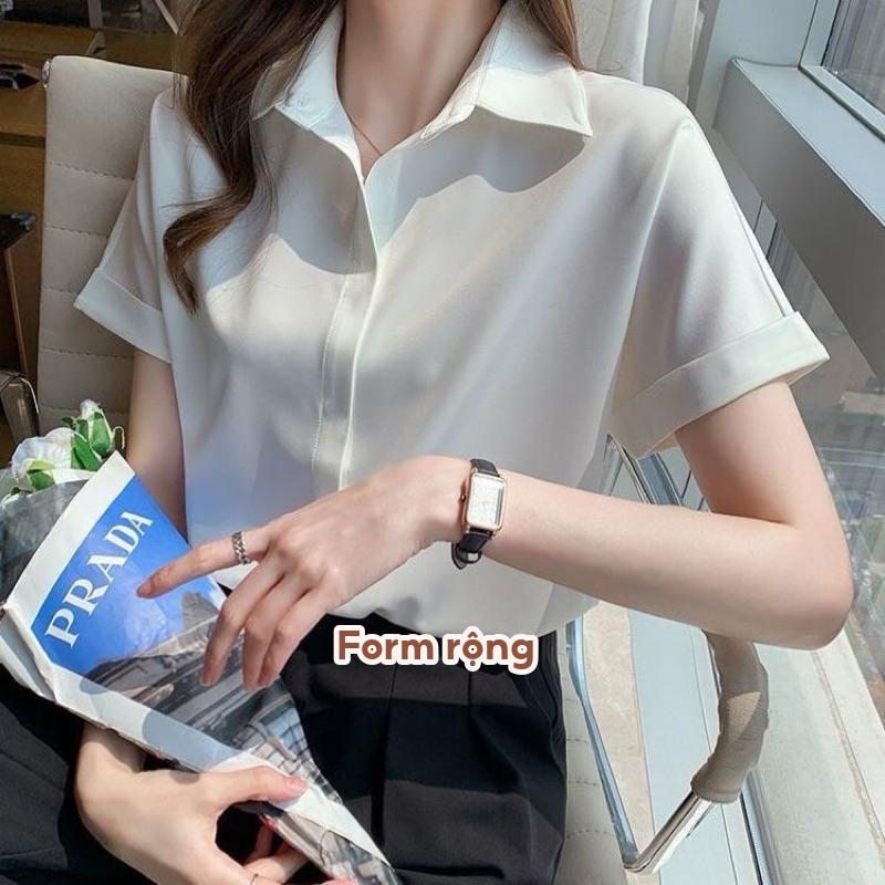 Áo sơ mi trắng nữ tay ngắn có túi from rộng vải kate mịn không nhăn