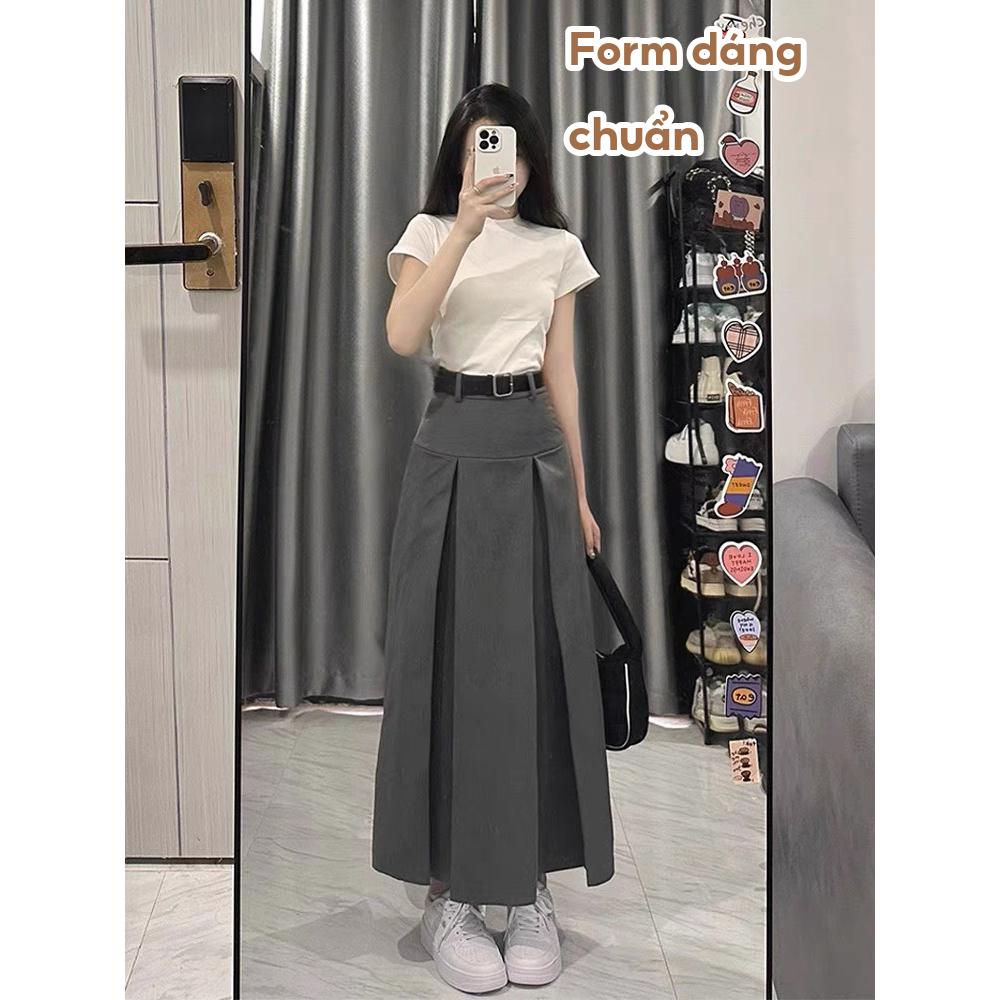 Chân Váy Dáng Dài Xếp Ly Hai Màu Đen Ghi Lên From Xinh Dài 90cm Ms01