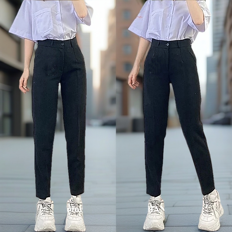 Quần tây baggy đi học nữ xanh đen A668 cạp lưng cao có đỉa - Quần vải học sinh dày đáy cao nữ cấp 3 2 phối sơ mi đi học
