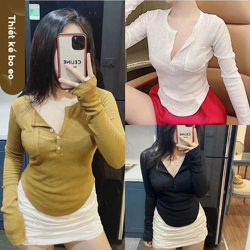 Áo thun nữ tay dài bo eo túi ngực chất thun mềm mịn Michi ,áo kiểu nữ len tăm cúc túi ngực