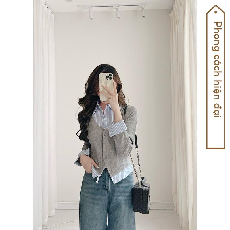 Áo sơ mi dài tay mix Cadigan liền Samhyewear Thời Trang Nữ