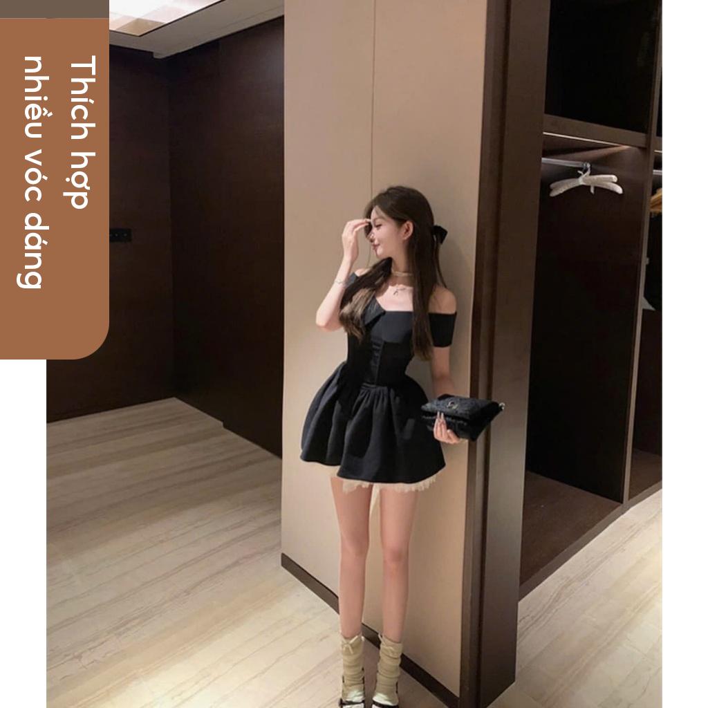 Đầm trễ vai nữ đen phối voan kem Aster Dress