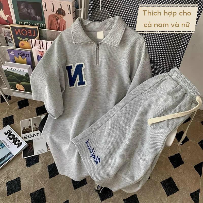 Set đồ nam nữ form rộng unisex, áo polo khóa kéo kèm quần short đùi thêu logo chất liệu cotton tổ ong nhiều màu