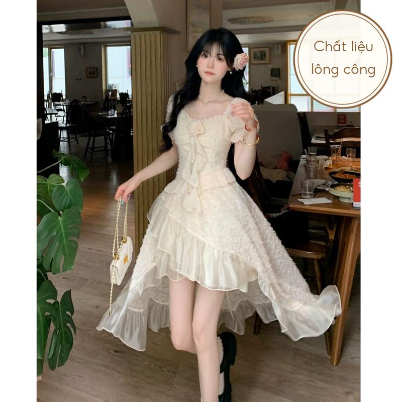 ĐẦM ĐUÔI CÁ DÁNG XOÈ CỔ VUÔNG TAY PHỒNG BABY đầm lông công