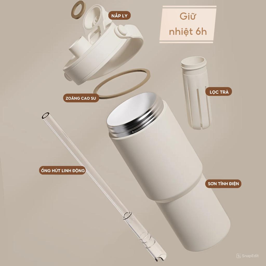Ly giữ nhiệt Simply Inox 316 Phủ Sứ 735ml ống hút thủy tinh, cốc giữ nhiệt Fan House khắc tên