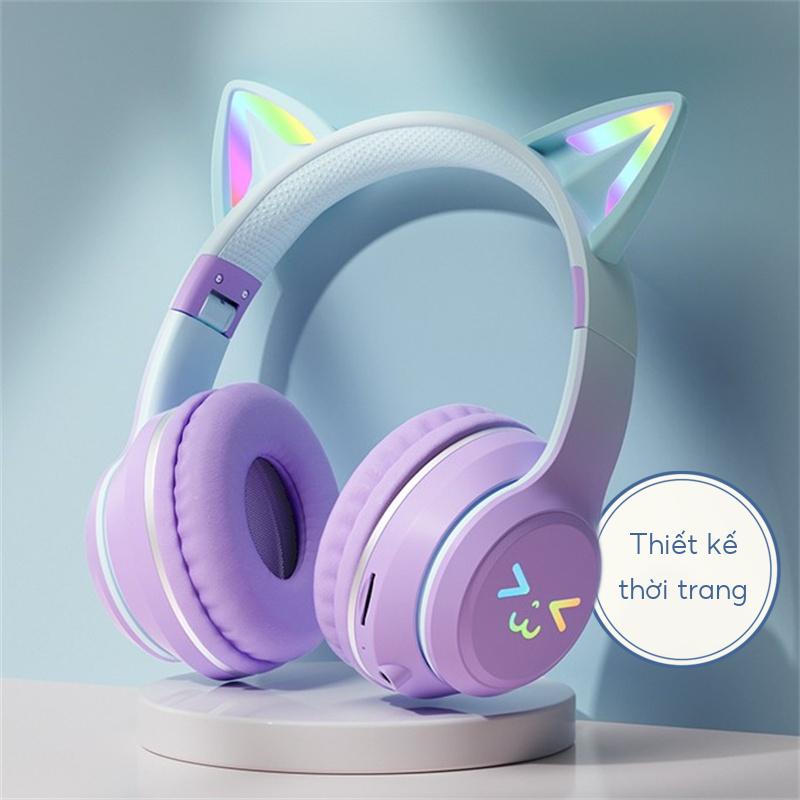 Tai Nghe Mèo Chụp Tai Bluetooth Mẫu Mới 2023,Tai Nghe Chơi Game Học Online Headphone Có Đèn Led