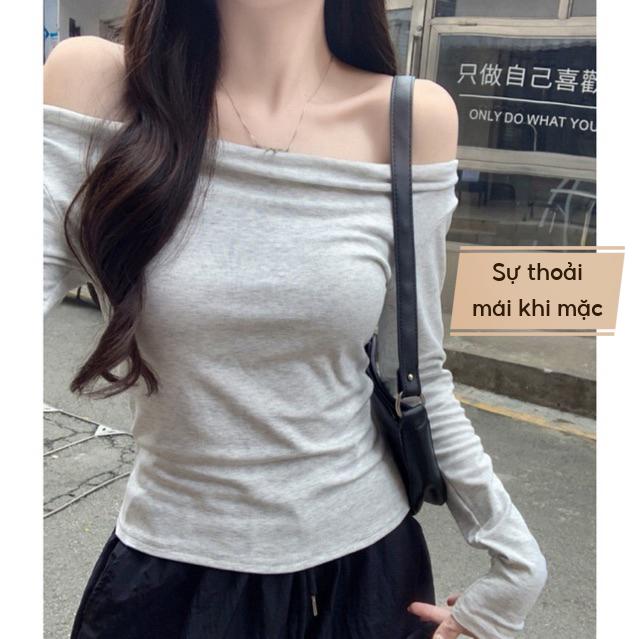 Áo thun trễ vai tay dài nữ ,áo thun dài tay nữ chất thun cotton co giãn dày dặn mẫu trơn