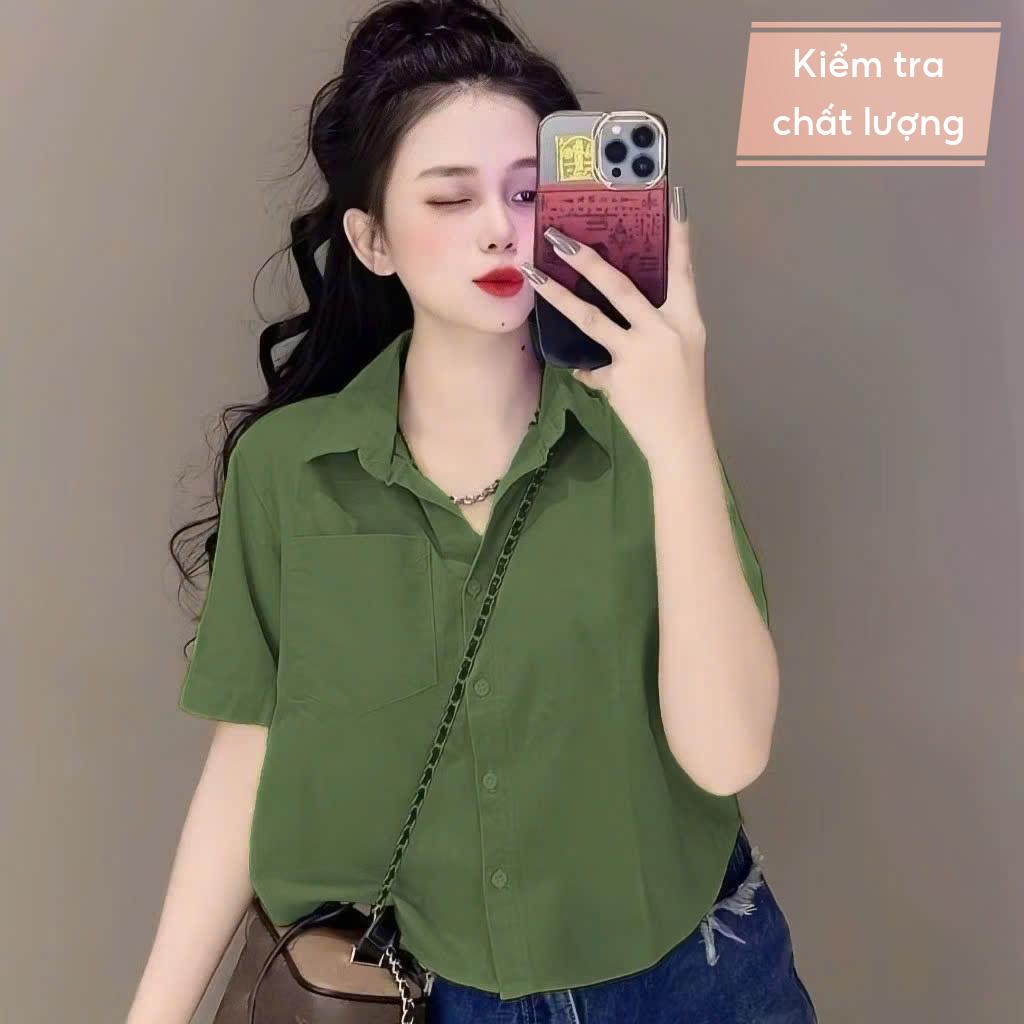 Áo sơ mi lụa croptop, áo sơ mi nữ tay ngắn, áo sơ mi công sở form rộng nhiều màu phong cách hàn quốc Qiho store A24