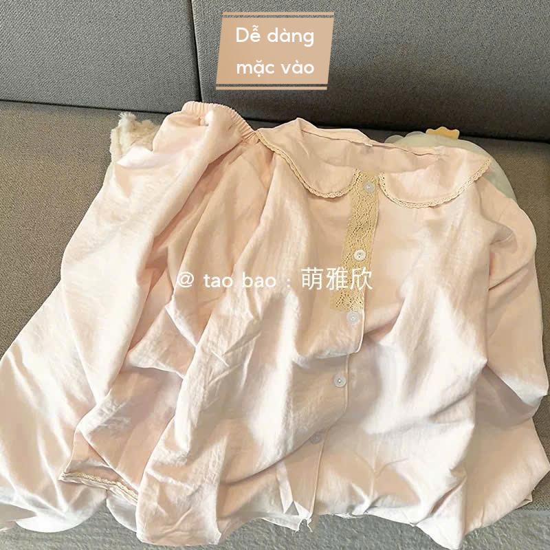 MB-SET-005 Maybee.Homedress Bộ Ngủ Dài Tay Cổ Sen Phối Ren Nẹp Cúc – Mềm Mịn, Thanh Lịch, Thoải Mái