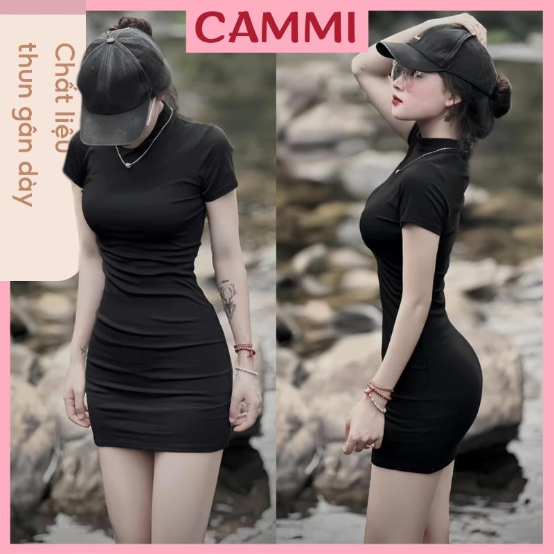 Váy body cộc tay ôm chất thun gân dày loại 1 co dãn dáng ngắn màu đen HV269