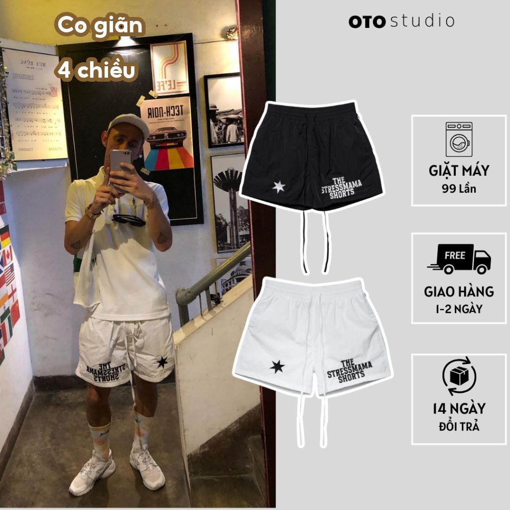 Quần short gió OTO STUDIO in logo basic big size streetwear dáng rộng lưng chun dây rút phong cách thời trang hè
