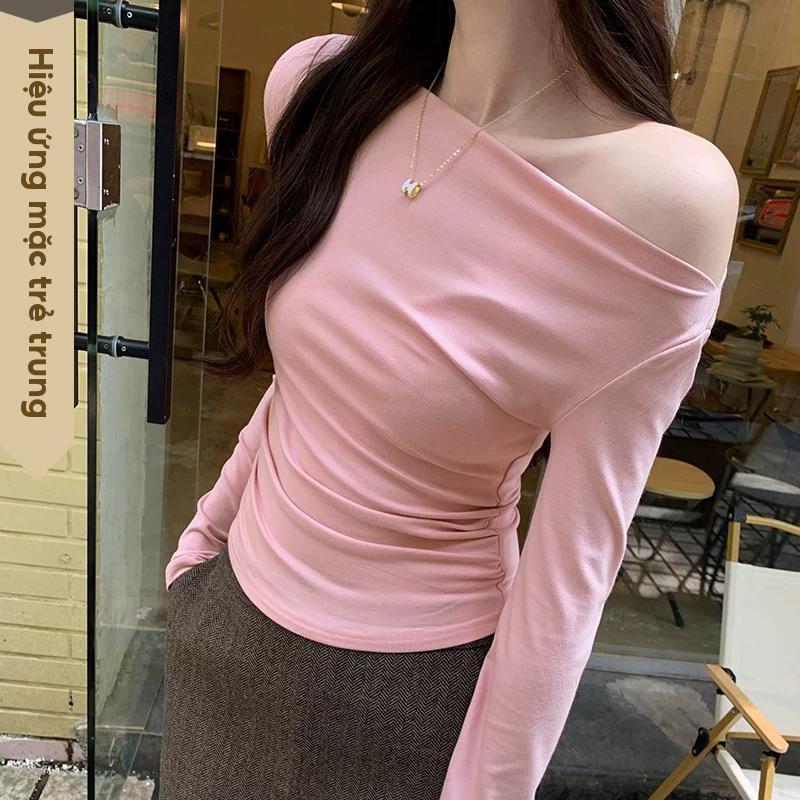 Áo thun trễ vai dày tay nữ, áo thun tay dài chất thun cotton co giãn dày dặn mẫu trơn