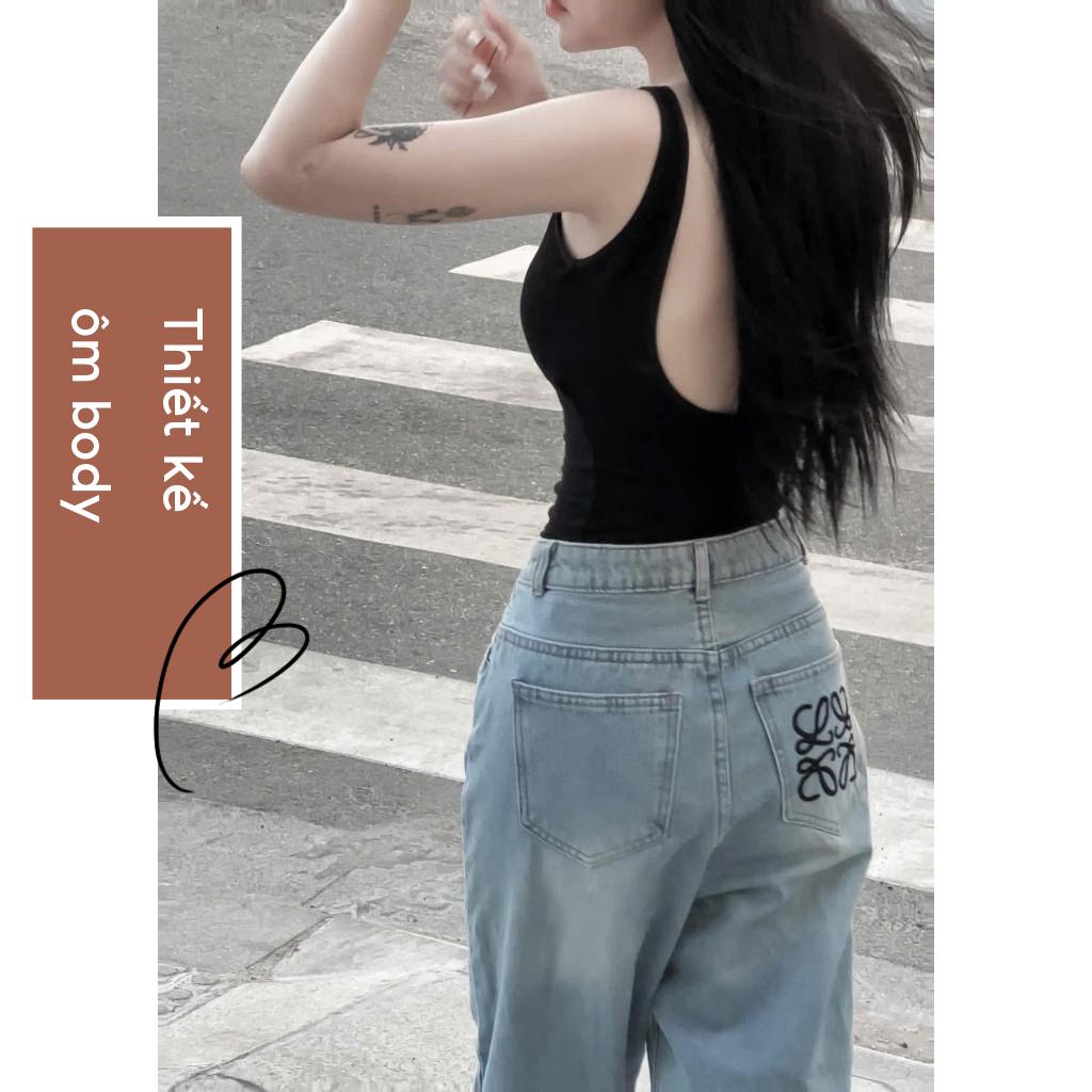 Áo hai dây hở lưng phom dài cổ vuông ôm body, áo kiểu  nữ mùa hè thun co giãn màu đen trắng đichơi tôndáng BIGSIZE  G822