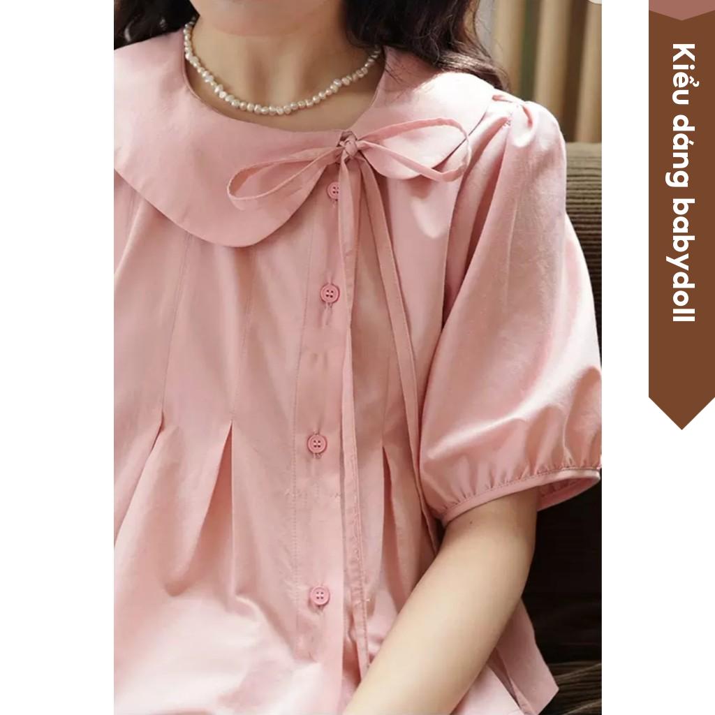 Áo kiểu babydoll cổ sen cúc lệch xếp ly ngực tay phồng phong cách Hàn Quốc phù hợp đi học đi làm đi chơi