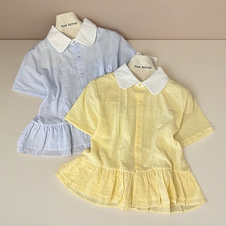 Áo Sơ Mi Nữ Kiểu Babydoll Cổ Sen Ngắn Tay Kẻ Sọc Oxford, Áo Sơ Mi Croptop Form Rộng Basic Phong Cách Hàn Quốc