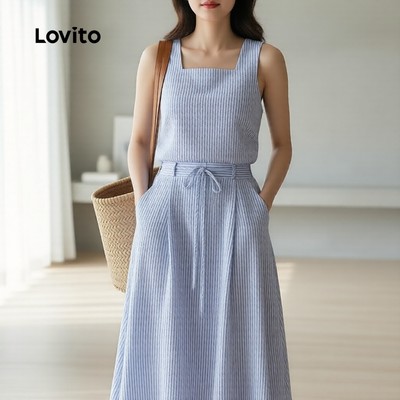 Lovito Phong cách thường ngày Đầm kèm đai túi xanh dương phong cách mùa hè xuân cho nữ L142LD431