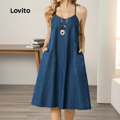 Lovito Phong cách thường ngày Váy nữ xanh dương phong cách xuân hè L34LD145