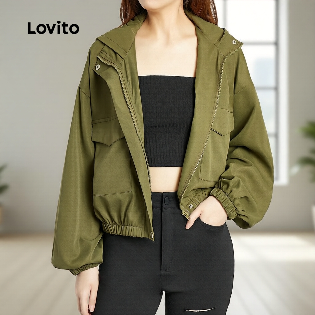 Lovito Áo khoác gió nữ Lovito thiết kế chống nước có mũ trùm L45LD009