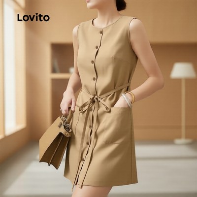 Lovito Phong cách thường ngày Đầm cột dây trước cài nút dáng màu kaki xuân/hè cho nữ L158ED970