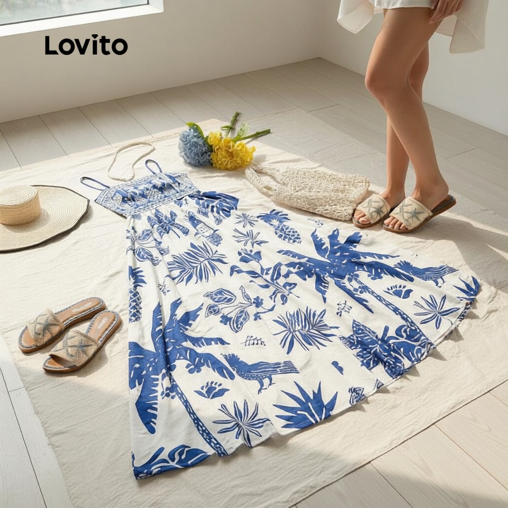 Lovito Váy Boho Dây Kéo Nữ Mùa Xuân Hè Xanh Dương LBL32054