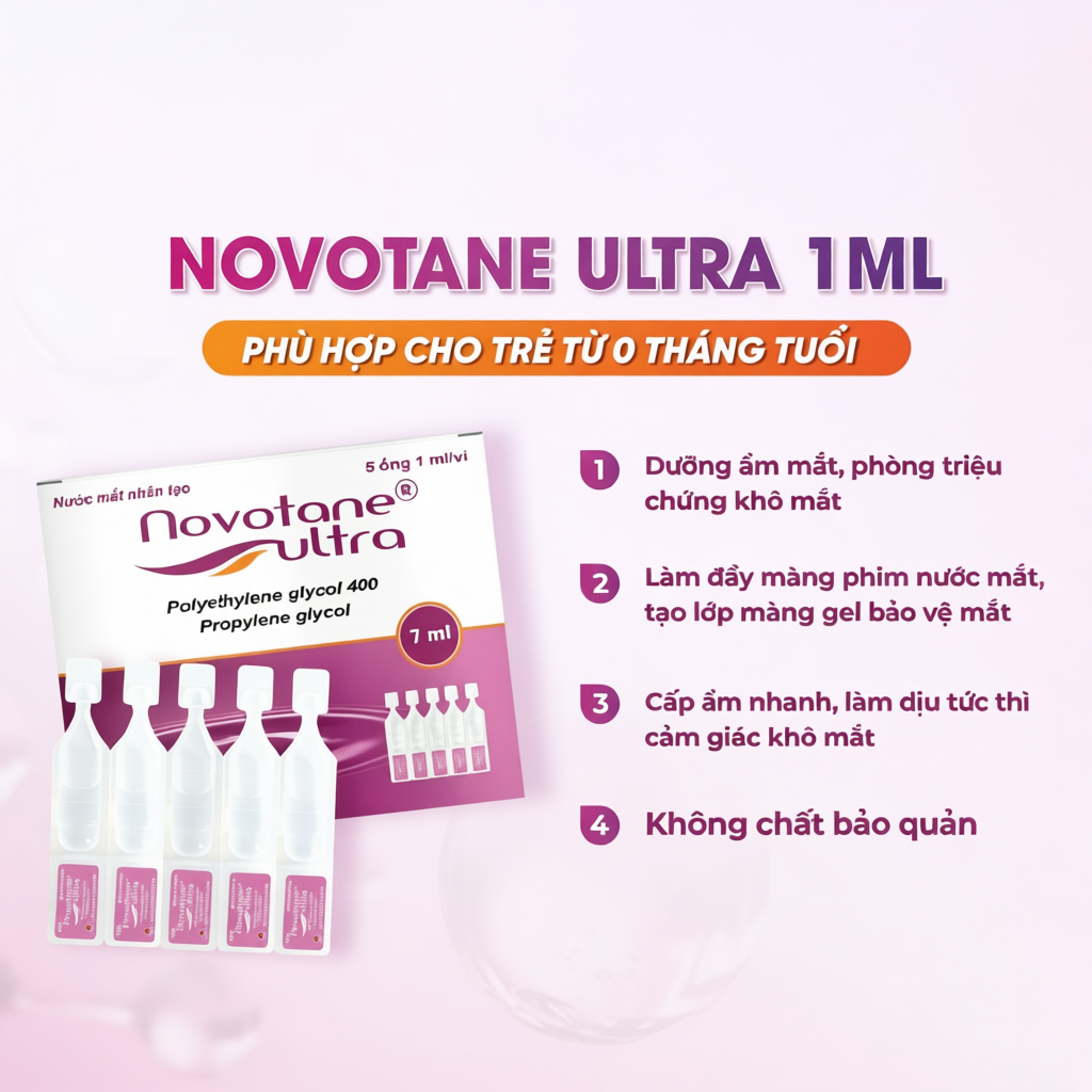 Nước Nhỏ Mắt Nhân Tạo Cho Mắt Nhạy Cảm Novotane Ultra 1ml Giúp Dưỡng Ẩm Mắt, giảm khô mắt, mỏi mắt