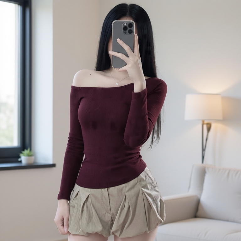 Áo thun nữ lệch vai tay dài DAZZI form ôm body,áo babytee tay dài vải cotton co dãn 4 chiều A026D