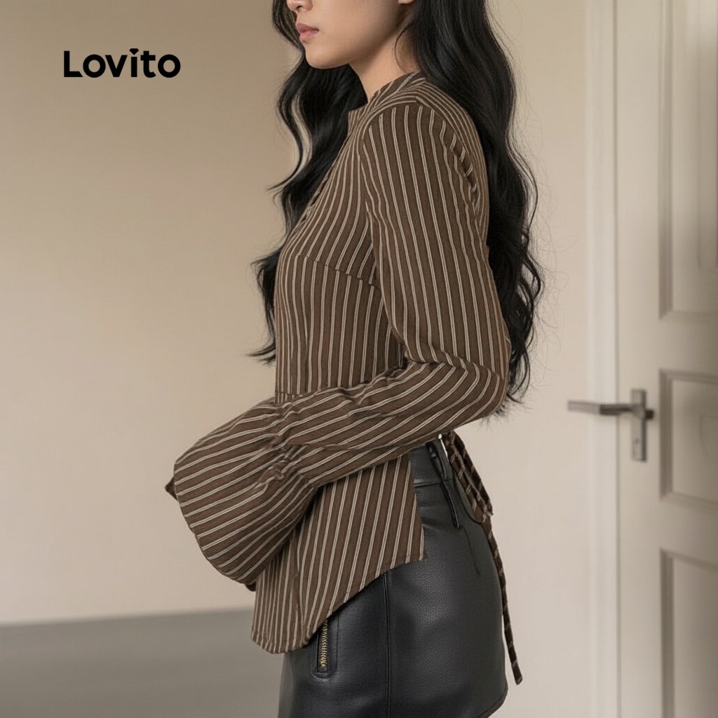 Áo nữ Lovito tay loe buộc sau họa tiết sọc phong cách năng động L106AD249