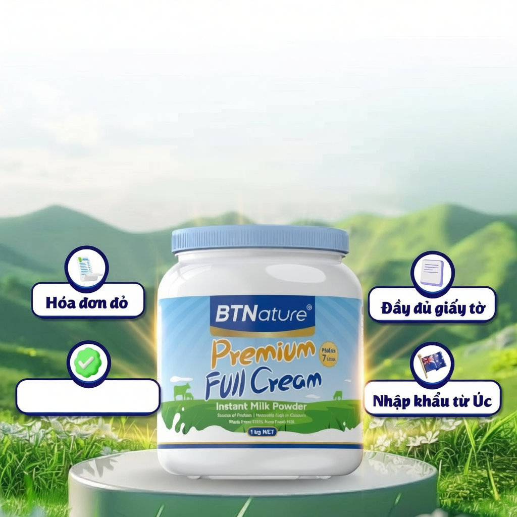 HỘP 1KG | Sữa Tươi Dạng Bột Nguyên Kem Cao Cấp BTNature Full Cream – Bổ Sung Canxi Protein