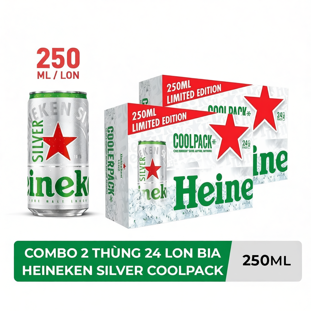 ĐỘ CỒN 4% - HỎA TỐC HCM - Combo 2 Thùng 24 lon bia Heineken Silver Coolpack 250ml/lon