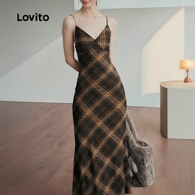 Lovito Phong cách thường ngày Đầm Nữ Kẻ Caro Thời Trang Hàng Ngày L122AD011